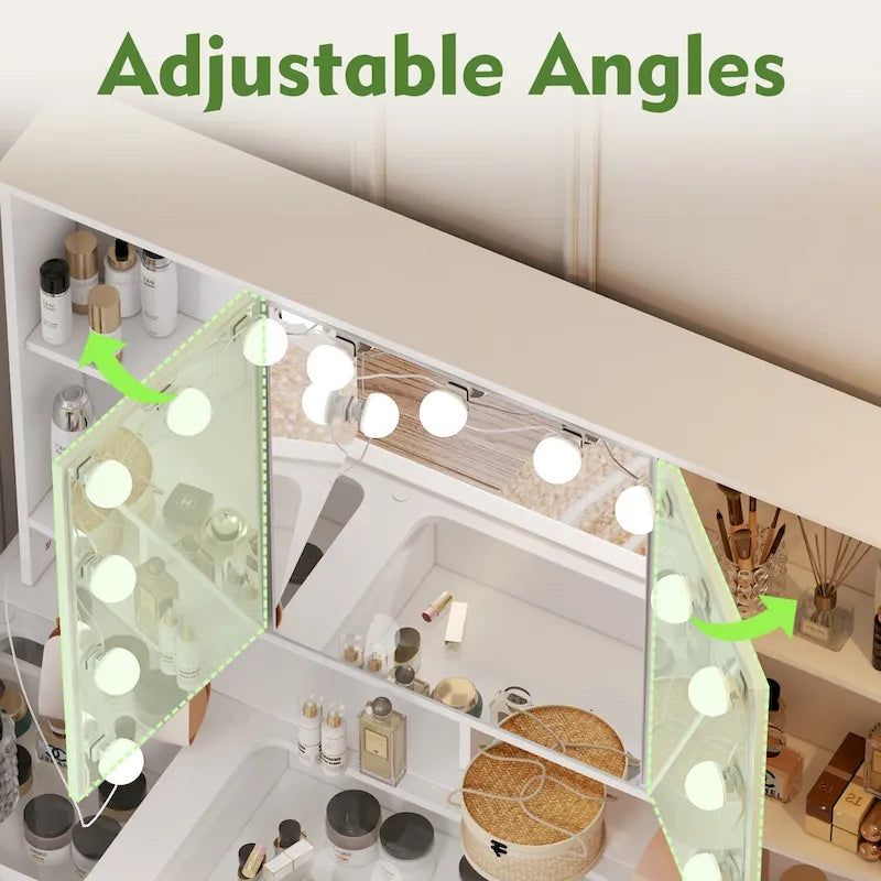 White / Black 9-Drawer Makeup Vanity with LED Mirror, 3 Mirrors – 1 Person