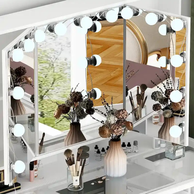 White / Black 9-Drawer Makeup Vanity with LED Mirror, 3 Mirrors – 1 Person