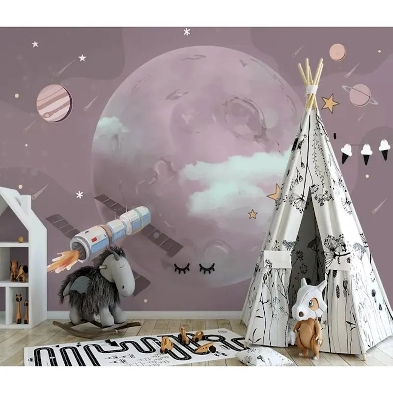 Papel pintado infantil removible de planetas y espacio de dibujos animados