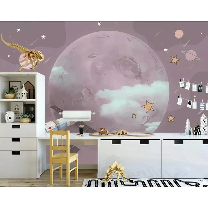 Papel pintado infantil removible de planetas y espacio de dibujos animados