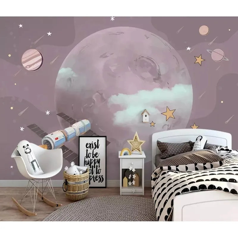 Papel pintado infantil removible de planetas y espacio de dibujos animados