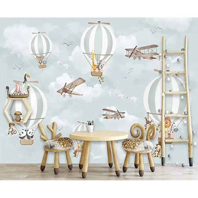 Animales en globos aerostáticos y papel pintado de aviones