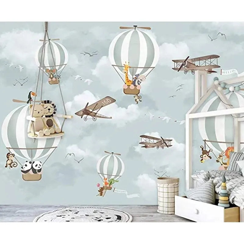 Animales en globos aerostáticos y papel pintado de aviones