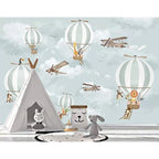 Animales en globos aerostáticos y papel pintado de aviones