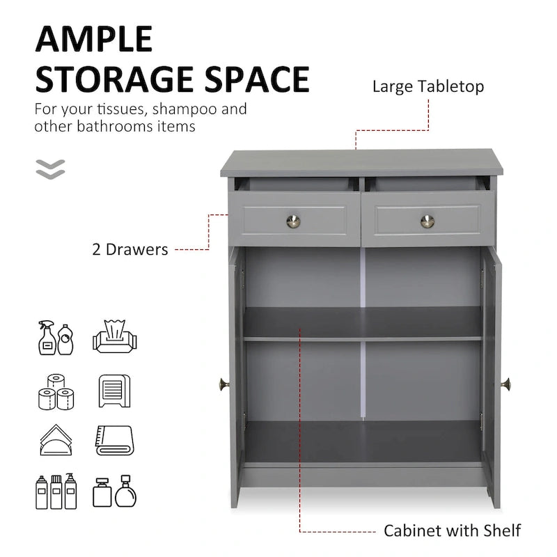 Grey Wood Finish Freestanding Bathroom Cabinet, 2 Drawers & 1 Door