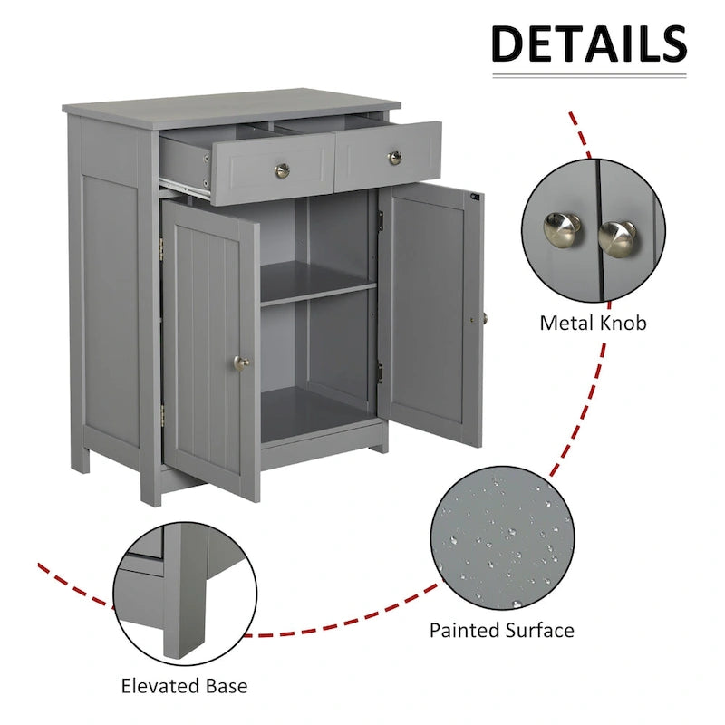 Grey Wood Finish Freestanding Bathroom Cabinet, 2 Drawers & 1 Door
