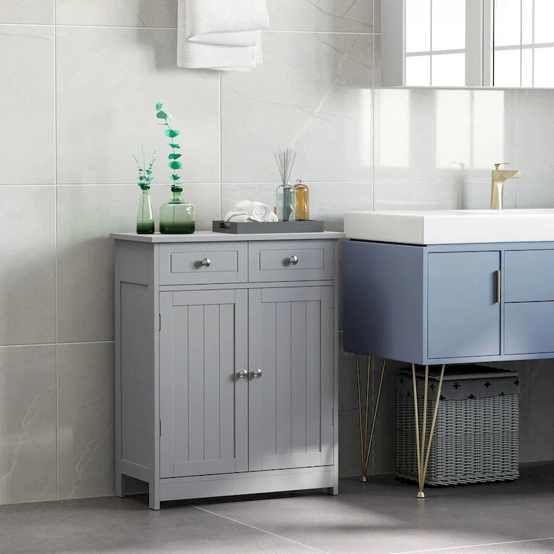 Grey Wood Finish Freestanding Bathroom Cabinet, 2 Drawers & 1 Door