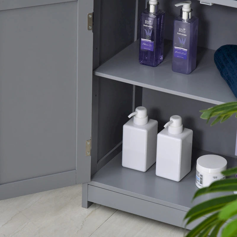 Grey Wood Finish Freestanding Bathroom Cabinet, 2 Drawers & 1 Door