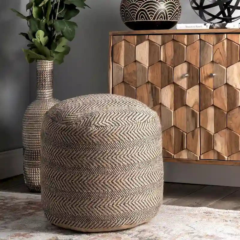 Natural Chevron Braided Jute Ottoman Pouf – 1 Person