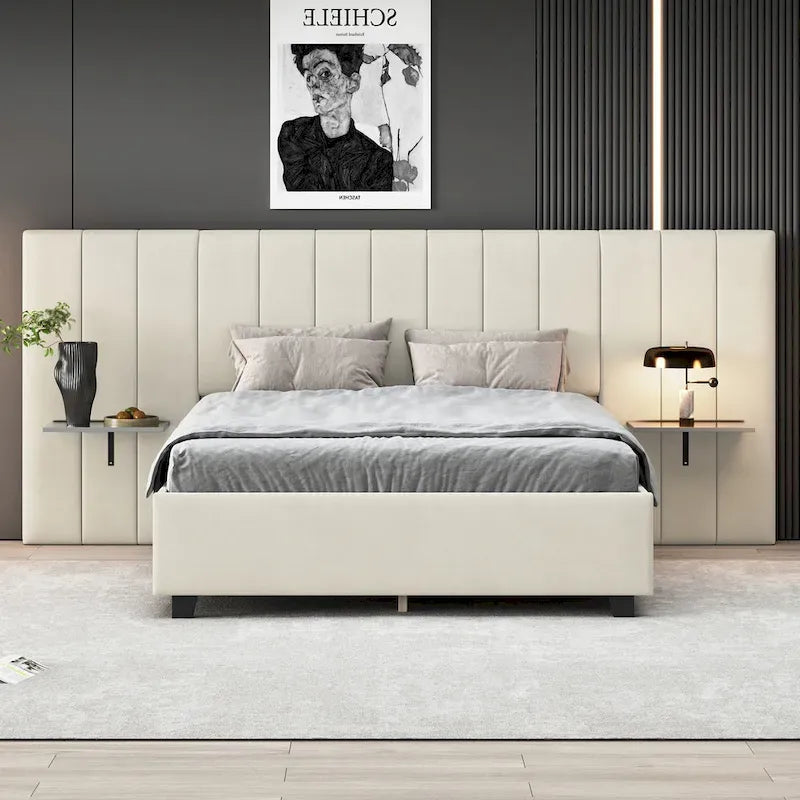Beige Velvet Upholstered Platform Bed with Headboard & Shelves – Full/Queen, 1 Person