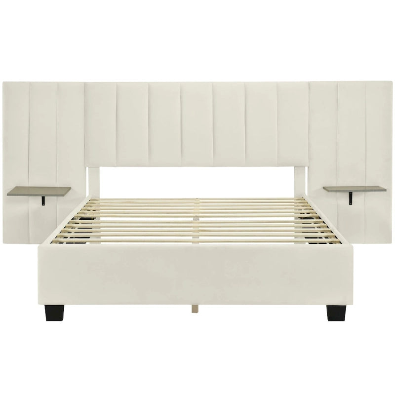 Beige Velvet Upholstered Platform Bed with Headboard & Shelves – Full/Queen, 1 Person