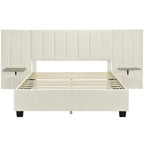 Beige Velvet Upholstered Platform Bed with Headboard & Shelves – Full/Queen, 1 Person