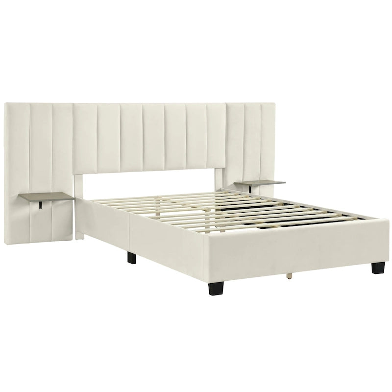 Beige Velvet Upholstered Platform Bed with Headboard & Shelves – Full/Queen, 1 Person