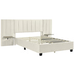 Beige Velvet Upholstered Platform Bed with Headboard & Shelves – Full/Queen, 1 Person