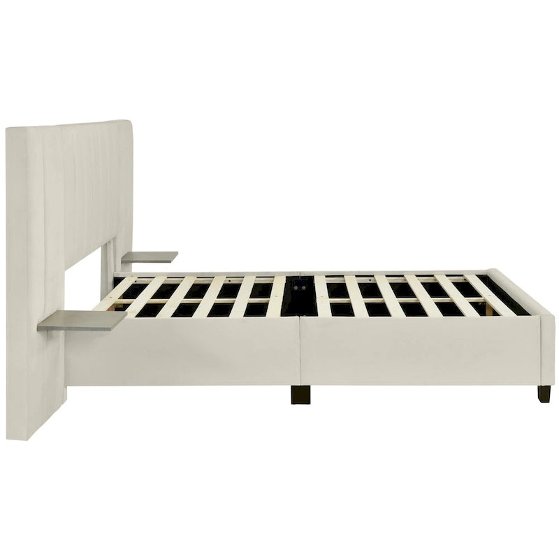 Beige Velvet Upholstered Platform Bed with Headboard & Shelves – Full/Queen, 1 Person