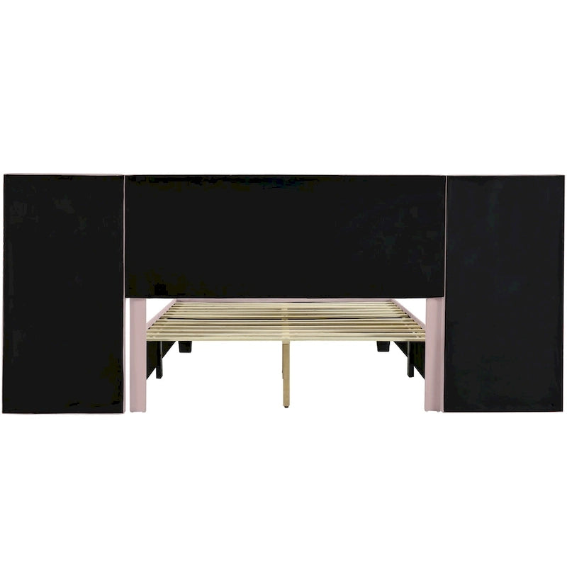 Beige Velvet Upholstered Platform Bed with Headboard & Shelves – Full/Queen, 1 Person