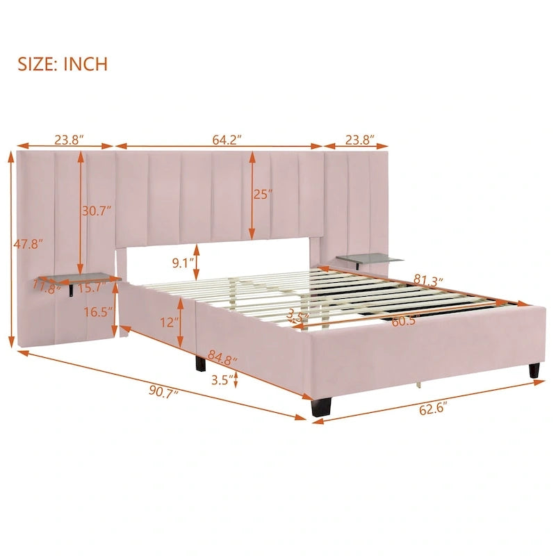 Beige Velvet Upholstered Platform Bed with Headboard & Shelves – Full/Queen, 1 Person