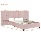 Beige Velvet Upholstered Platform Bed with Headboard & Shelves – Full/Queen, 1 Person