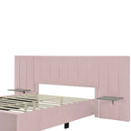 Beige Velvet Upholstered Platform Bed with Headboard & Shelves – Full/Queen, 1 Person