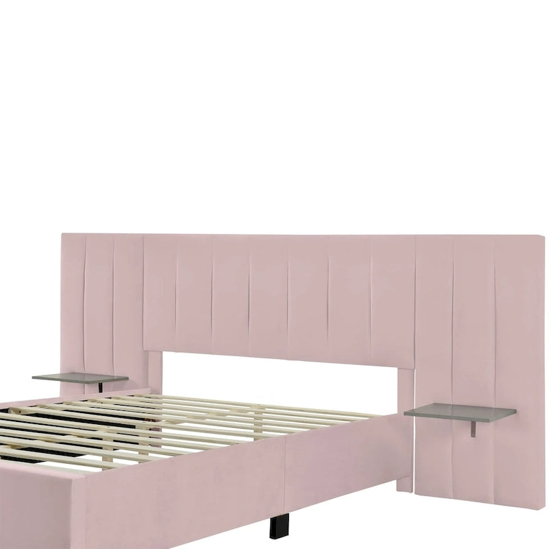 Beige Velvet Upholstered Platform Bed with Headboard & Shelves – Full/Queen, 1 Person