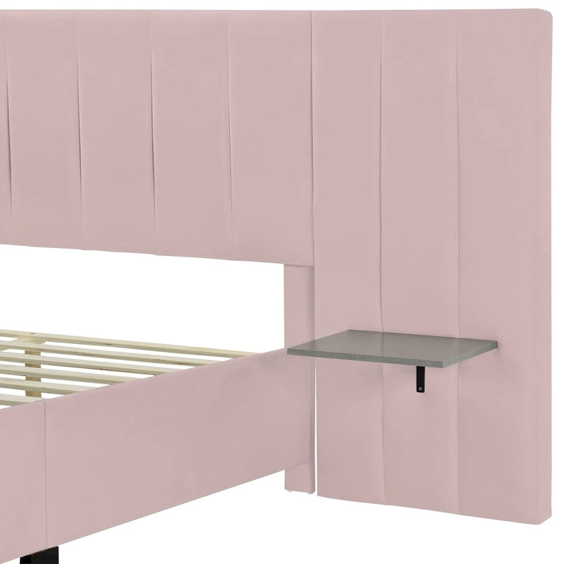 Beige Velvet Upholstered Platform Bed with Headboard & Shelves – Full/Queen, 1 Person