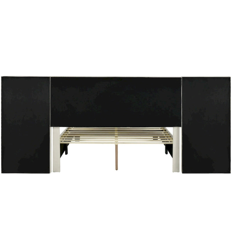 Beige Velvet Upholstered Platform Bed with Headboard & Shelves – Full/Queen, 1 Person