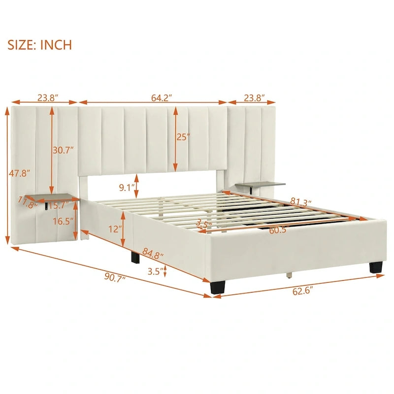 Beige Velvet Upholstered Platform Bed with Headboard & Shelves – Full/Queen, 1 Person