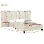 Beige Velvet Upholstered Platform Bed with Headboard & Shelves – Full/Queen, 1 Person