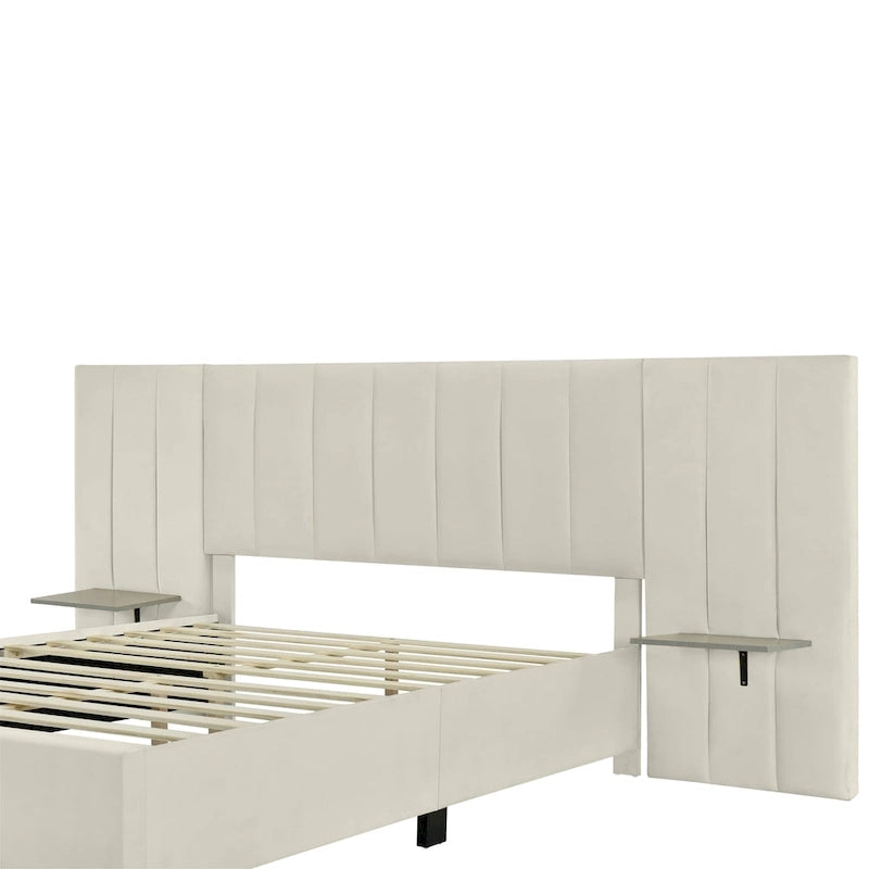 Beige Velvet Upholstered Platform Bed with Headboard & Shelves – Full/Queen, 1 Person