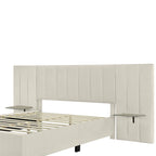 Beige Velvet Upholstered Platform Bed with Headboard & Shelves – Full/Queen, 1 Person