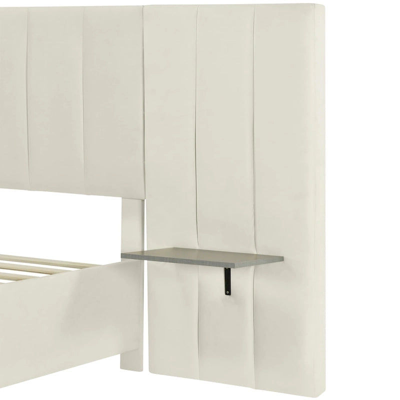 Beige Velvet Upholstered Platform Bed with Headboard & Shelves – Full/Queen, 1 Person