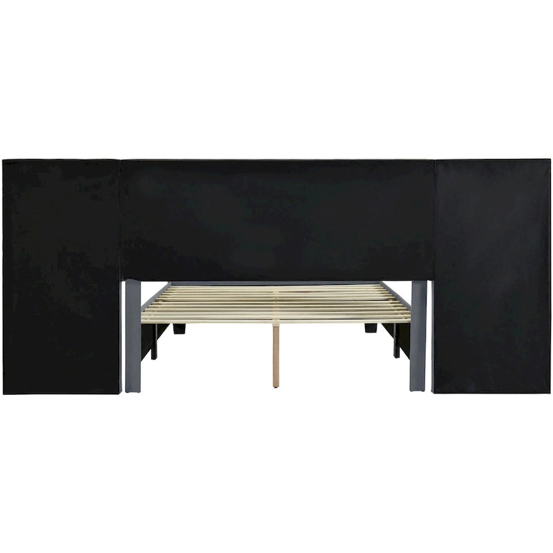 Beige Velvet Upholstered Platform Bed with Headboard & Shelves – Full/Queen, 1 Person