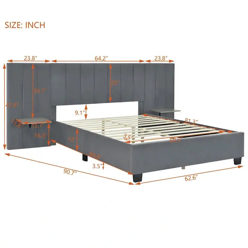 Beige Velvet Upholstered Platform Bed with Headboard & Shelves – Full/Queen, 1 Person
