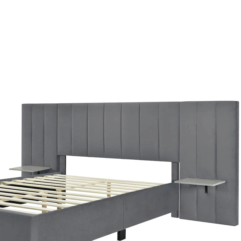 Beige Velvet Upholstered Platform Bed with Headboard & Shelves – Full/Queen, 1 Person