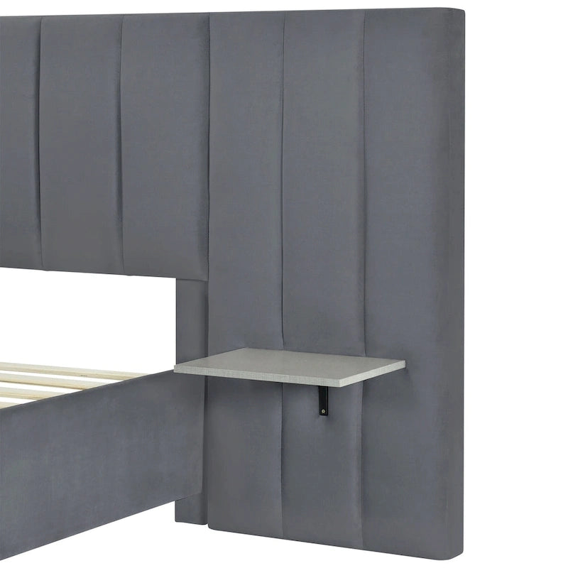 Beige Velvet Upholstered Platform Bed with Headboard & Shelves – Full/Queen, 1 Person