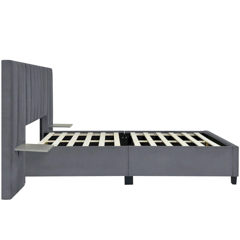 Beige Velvet Upholstered Platform Bed with Headboard & Shelves – Full/Queen, 1 Person