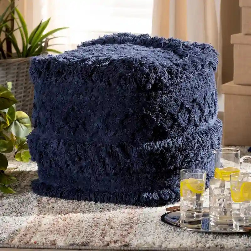 Navy / Ivory / Orange Moroccan Pouf Ottoman – 1-Person