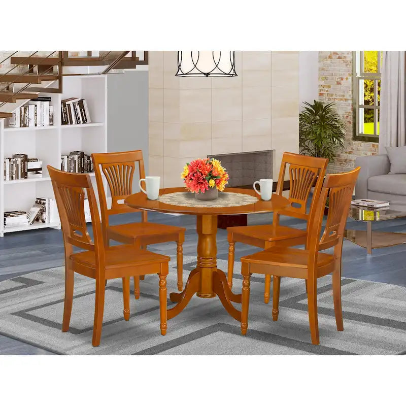 5-Piece Round Dining Set, Saddle Brown, Seats 4 – Table & Slatted-Back Chairs