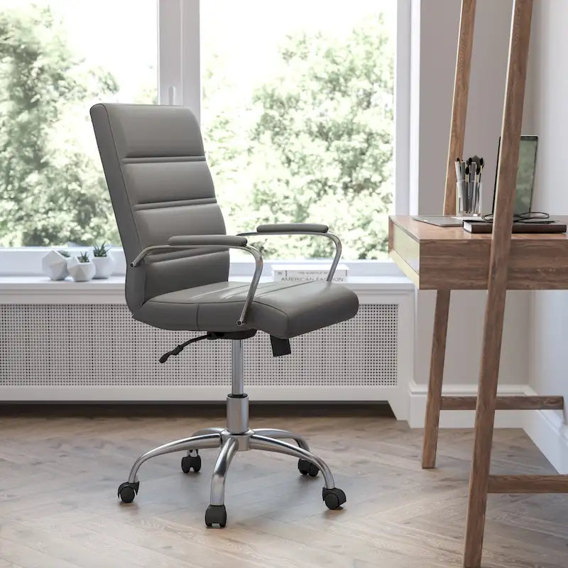 Silla de oficina giratoria con respaldo medio de cuero suave negro/blanco/gris/marrón, estructura de metal, 1 persona