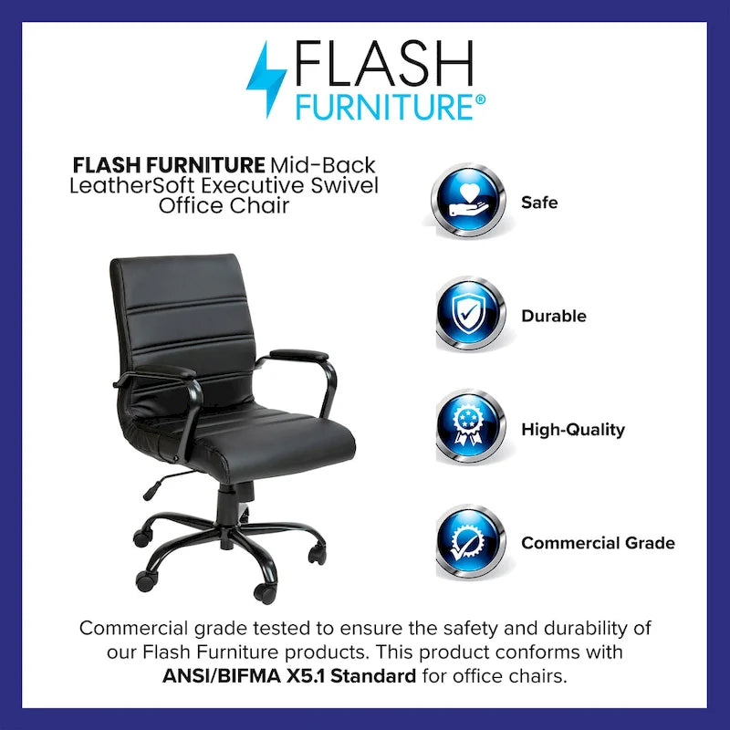 Black/White/Gray/Brown Leathersoft Mid-Back Swivel Office Chair, Metal Frame, 1-Person