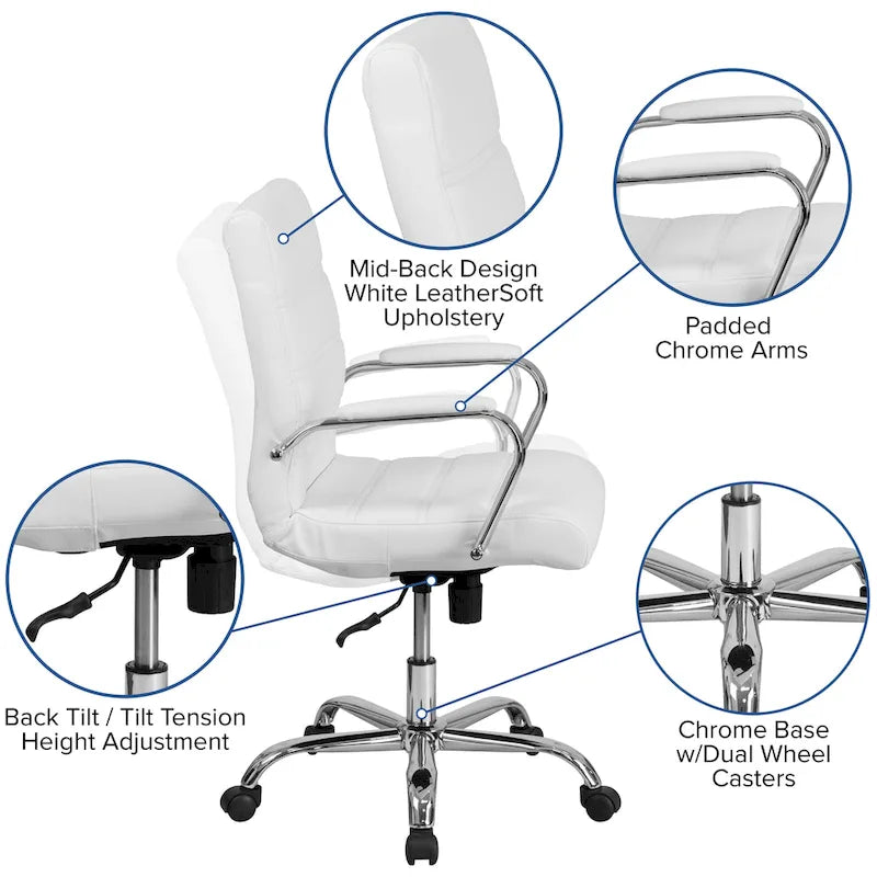 Black/White/Gray/Brown Leathersoft Mid-Back Swivel Office Chair, Metal Frame, 1-Person