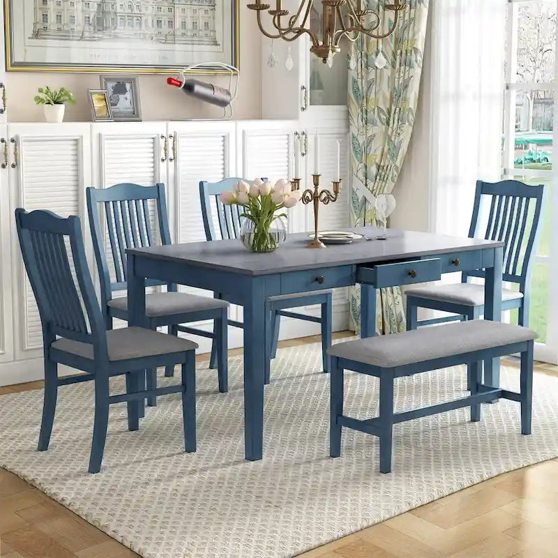 Mid-Century Dining Table Set, Antique Blue/Grey, 6-Piece, Seats 5