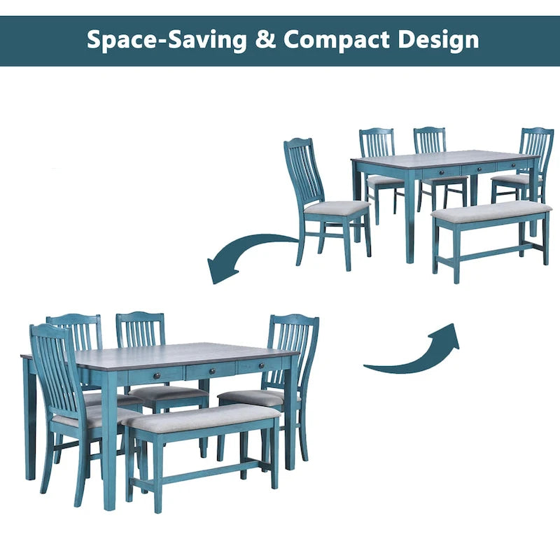 Mid-Century Dining Table Set, Antique Blue/Grey, 6-Piece, Seats 5