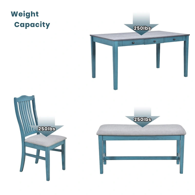 Mid-Century Dining Table Set, Antique Blue/Grey, 6-Piece, Seats 5