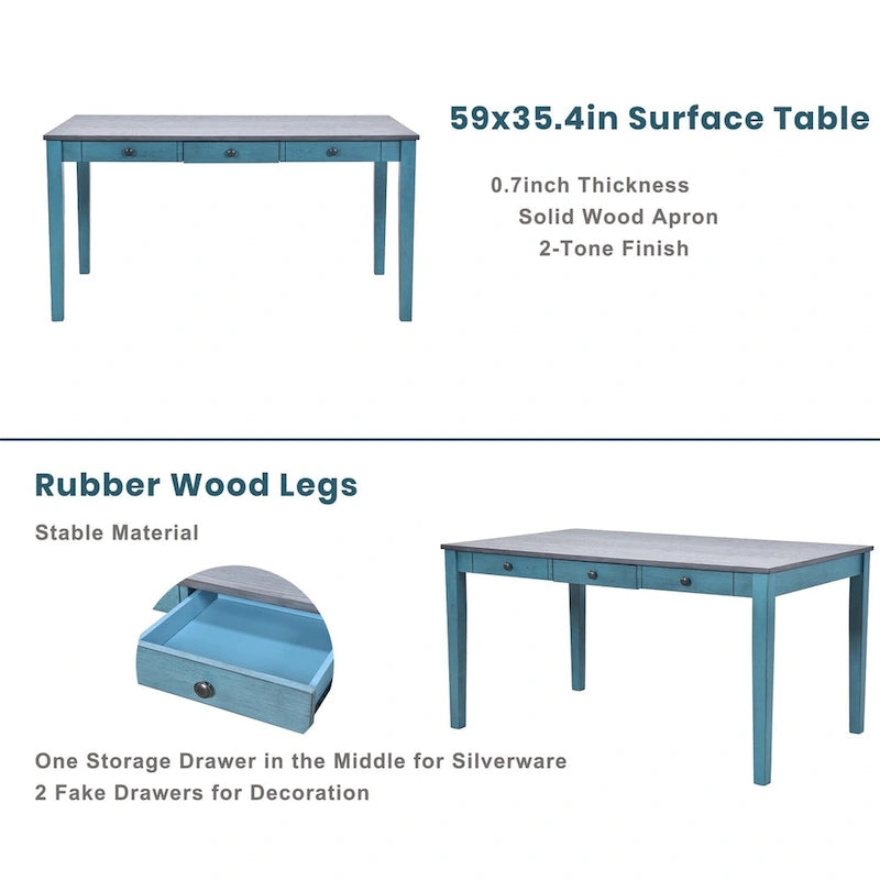 Mid-Century Dining Table Set, Antique Blue/Grey, 6-Piece, Seats 5