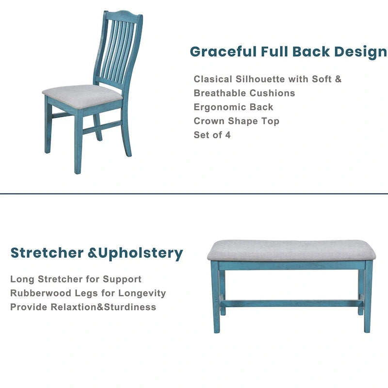 Mid-Century Dining Table Set, Antique Blue/Grey, 6-Piece, Seats 5