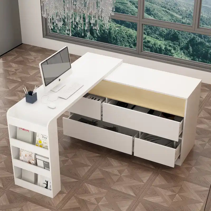 White / Black 4-Drawer Desk Dresser with Movable L-Shape Tabletop, 1-Person