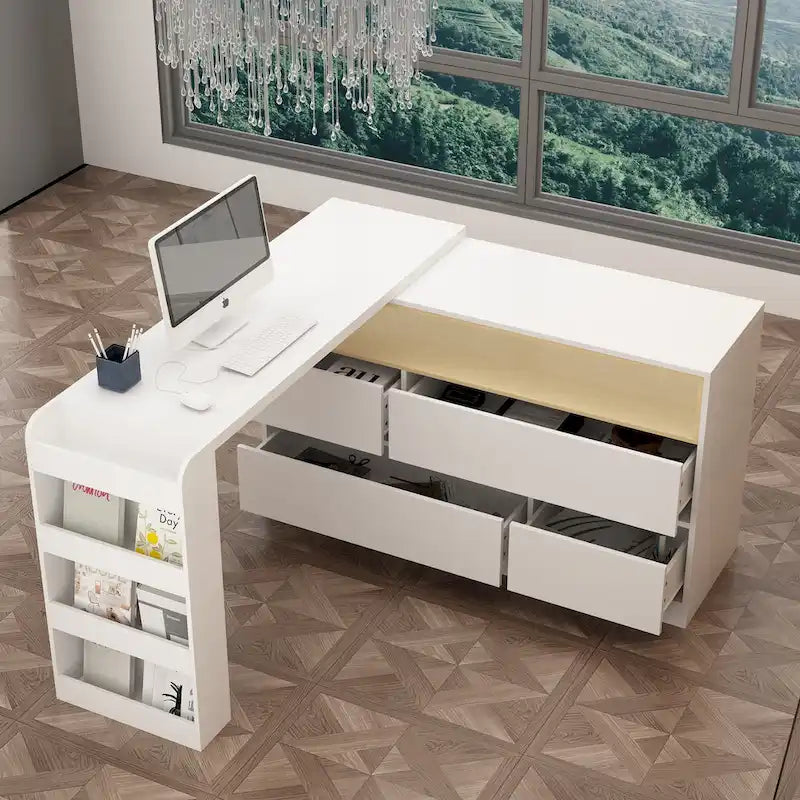 White / Black 4-Drawer Desk Dresser with Movable L-Shape Tabletop, 1-Person