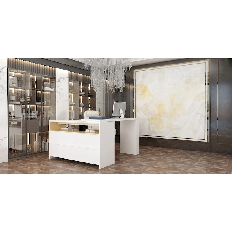 White / Black 4-Drawer Desk Dresser with Movable L-Shape Tabletop, 1-Person