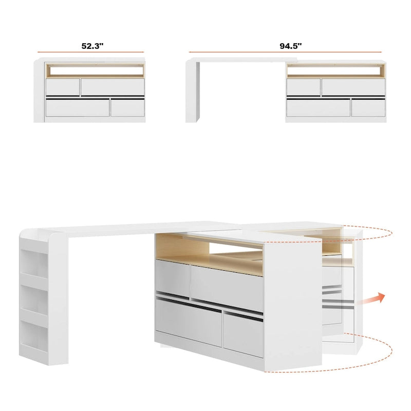 White / Black 4-Drawer Desk Dresser with Movable L-Shape Tabletop, 1-Person
